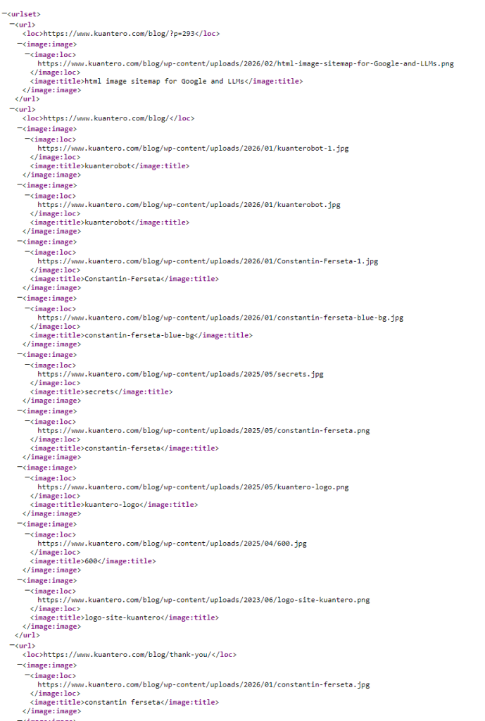 This is how it looks the xml file with the image sitemap generated through Kuantero Image Sitemap WordPress Plugin